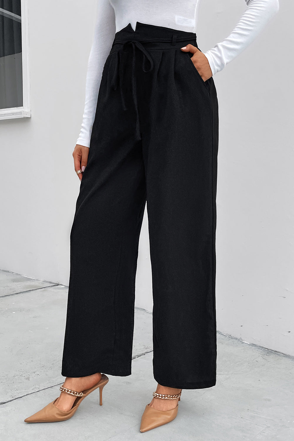 Perfee High Waist Ruched Tie Front Wide Leg Pants