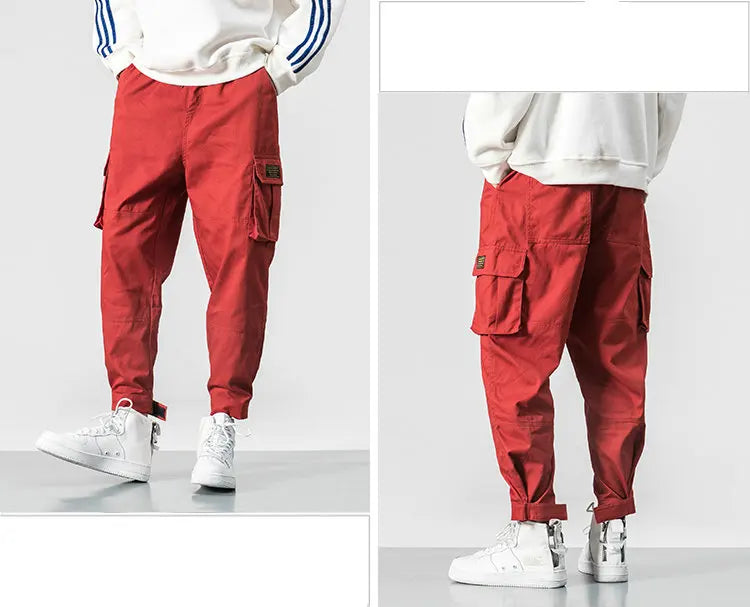 Cotton Men Multi-pocket Elastic Waist Design Harem Pant Street Punk Hip Hop Red Casual Trousers Joggers Male Army Cargo Pants