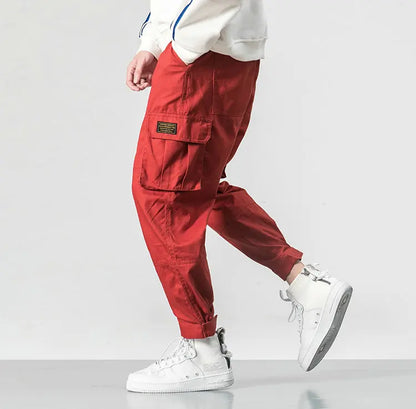 Cotton Men Multi-pocket Elastic Waist Design Harem Pant Street Punk Hip Hop Red Casual Trousers Joggers Male Army Cargo Pants