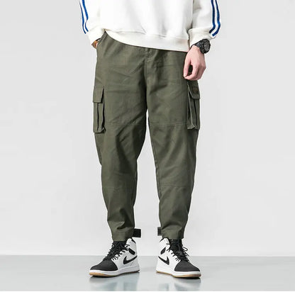 Cotton Men Multi-pocket Elastic Waist Design Harem Pant Street Punk Hip Hop Red Casual Trousers Joggers Male Army Cargo Pants