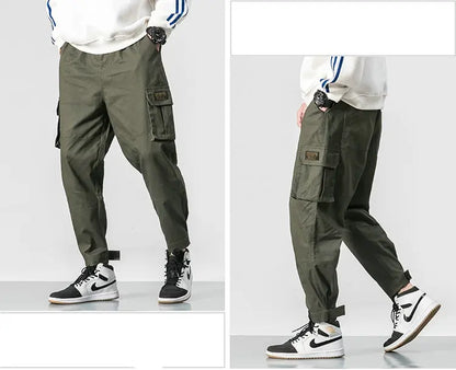 Cotton Men Multi-pocket Elastic Waist Design Harem Pant Street Punk Hip Hop Red Casual Trousers Joggers Male Army Cargo Pants