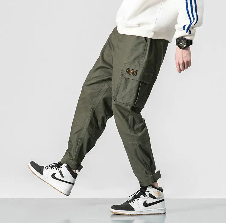 Cotton Men Multi-pocket Elastic Waist Design Harem Pant Street Punk Hip Hop Red Casual Trousers Joggers Male Army Cargo Pants