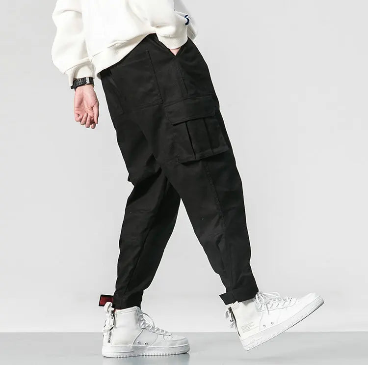 Cotton Men Multi-pocket Elastic Waist Design Harem Pant Street Punk Hip Hop Red Casual Trousers Joggers Male Army Cargo Pants