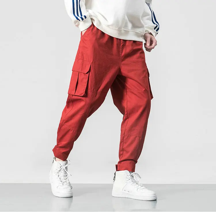 Cotton Men Multi-pocket Elastic Waist Design Harem Pant Street Punk Hip Hop Red Casual Trousers Joggers Male Army Cargo Pants