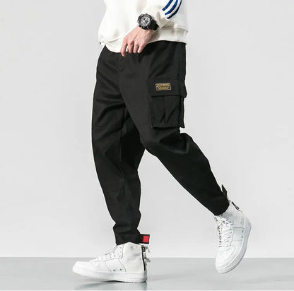 Cotton Men Multi-pocket Elastic Waist Design Harem Pant Street Punk Hip Hop Red Casual Trousers Joggers Male Army Cargo Pants