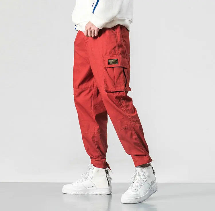 Cotton Men Multi-pocket Elastic Waist Design Harem Pant Street Punk Hip Hop Red Casual Trousers Joggers Male Army Cargo Pants