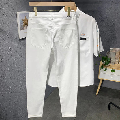 2023 Autumn New Men's White Black Jeans Straight Slim fit Casual Fashion Elastic Cotton Trousers Male Streetwear Denim Pants