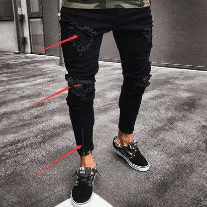 Mens Jeans New Black Ripped Stretch Zipper Trend Trousers for Men