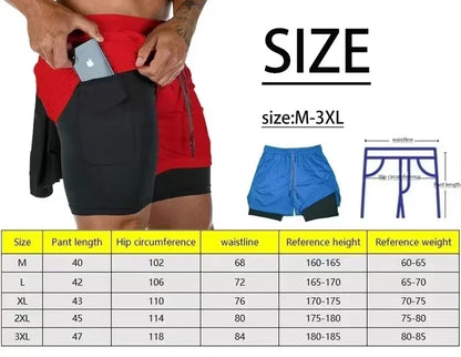 Pantalones cortos de fitness de doble capa de moda para hombre, pantalones cortos ajustados de fitness de verano de secado rápido y transpirables, ropa deportiva y de fitness para hombre