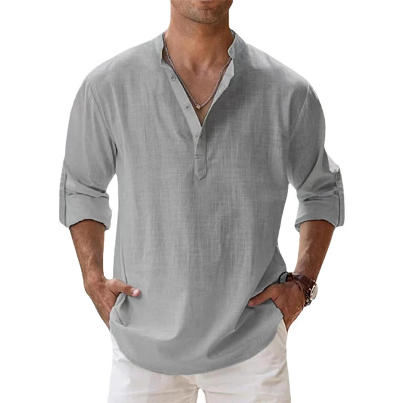 Nuevas camisas de lino y algodón para hombres, camisas casuales, camisas de playa Henley de manga larga livianas, camisetas hawaianas para hombres