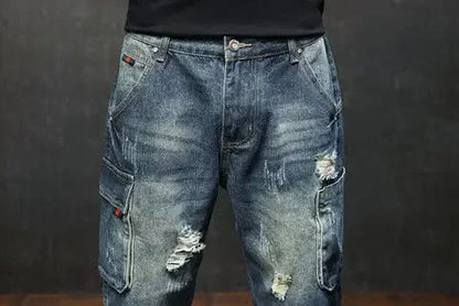 Male Denim Shorts with Pockets Men's Short Jeans Pants Knee Length Long Half Ripped Streetwear Blue Harajuku Jorts Trend 2024 Xl