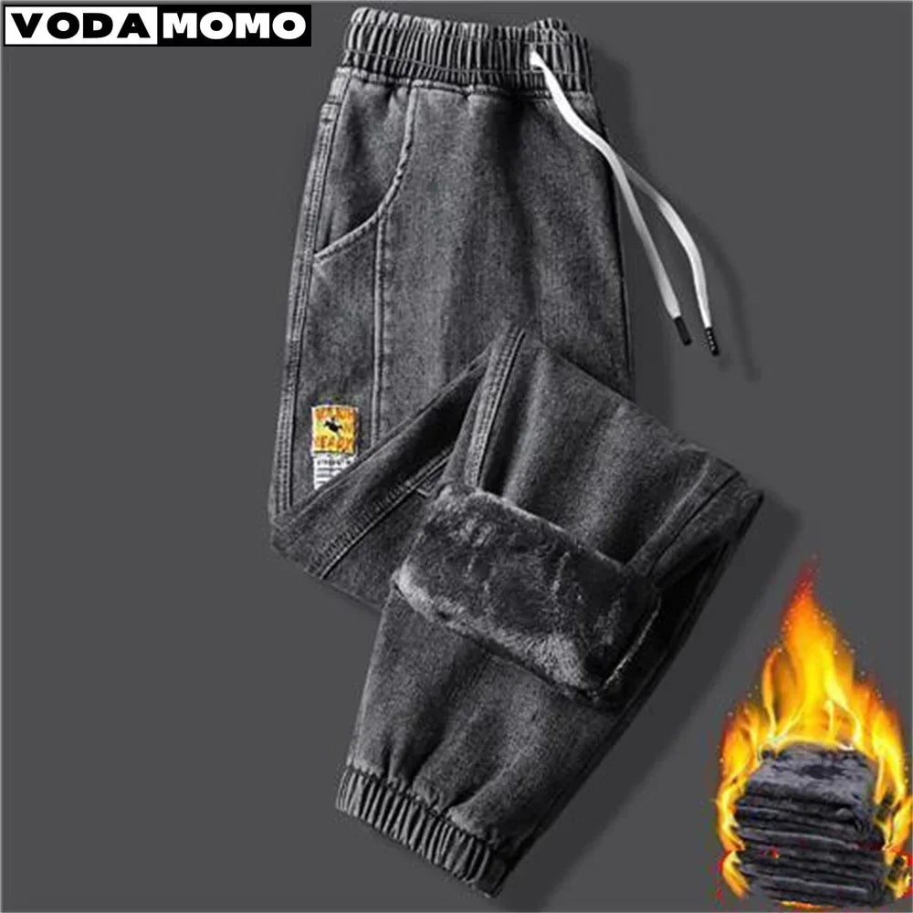 New Men's jeans Winter Fleece Jeans Thick Warm Denim Pants Men Streetwear Black Joggers Harem Jean Thermal Trousers pants men