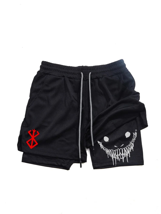 Berserk - Pantalones cortos deportivos 2 en 1 para hombre, pantalones cortos para correr de secado rápido, para gimnasio y entrenamiento físico, de doble capa