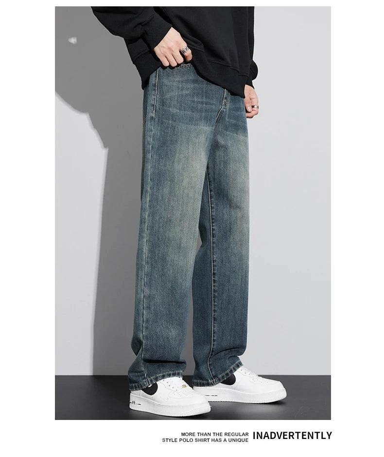 Fleece Baggy Straight Jeans Men Winter New Classic Vintage Blue Wide Leg Denim Pants Fashion Korean Thickened Warm Male Trousers