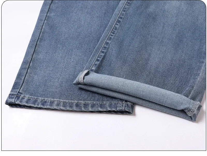 Summer Soft Lyocell Fabric Men's Jeans Thin Loose Straight Pants Drawstring Elastic Waist Korea Casual Trousers Plus Size 28-42