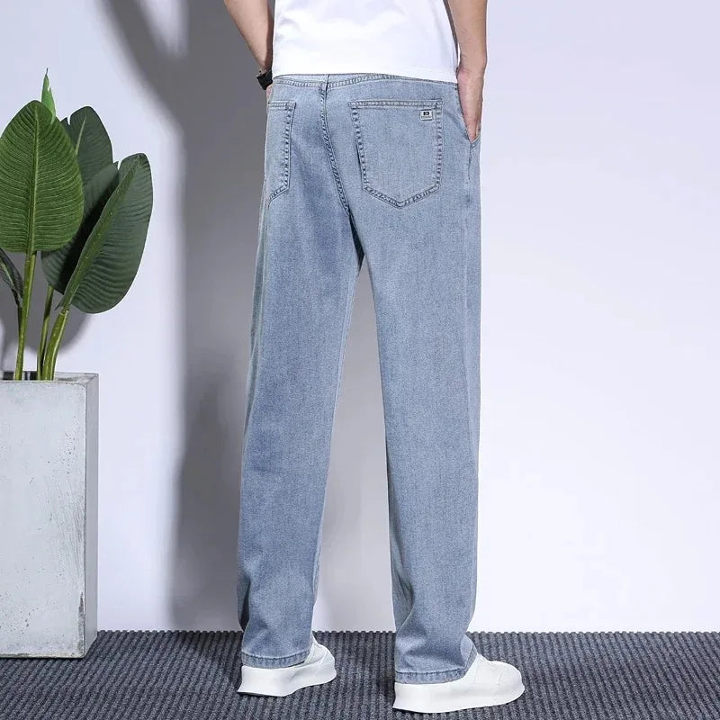 Summer Soft Lyocell Fabric Men's Jeans Thin Loose Straight Pants Drawstring Elastic Waist Korea Casual Trousers Plus Size 28-42