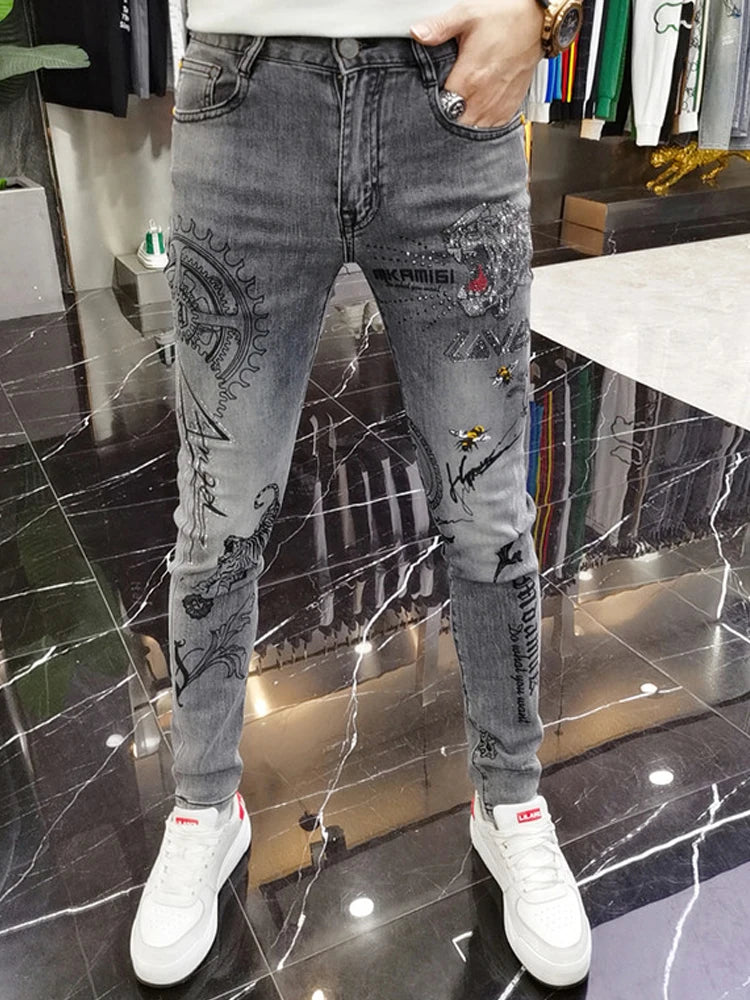 Fashion Korean Style Gray Skinny Jeans Tiger Printing Luxury Men's Streetwear Slim Jeans Autumn Casual Wear Motorcycle Men Jeans