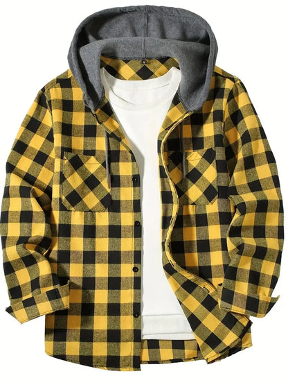 Men's Shirts Classic Plaid Casual Button Down Hooded Long Sleeved Double Pockets Shirt Hoodie Flannel Jacket Spring Autumn Tops