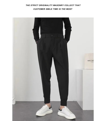 Fashion Men Pants Elastic Waist Small Feet Slim Korean Formal Pleated Tapered Male Blazer Suit Classic Pants Streetwear Trousers