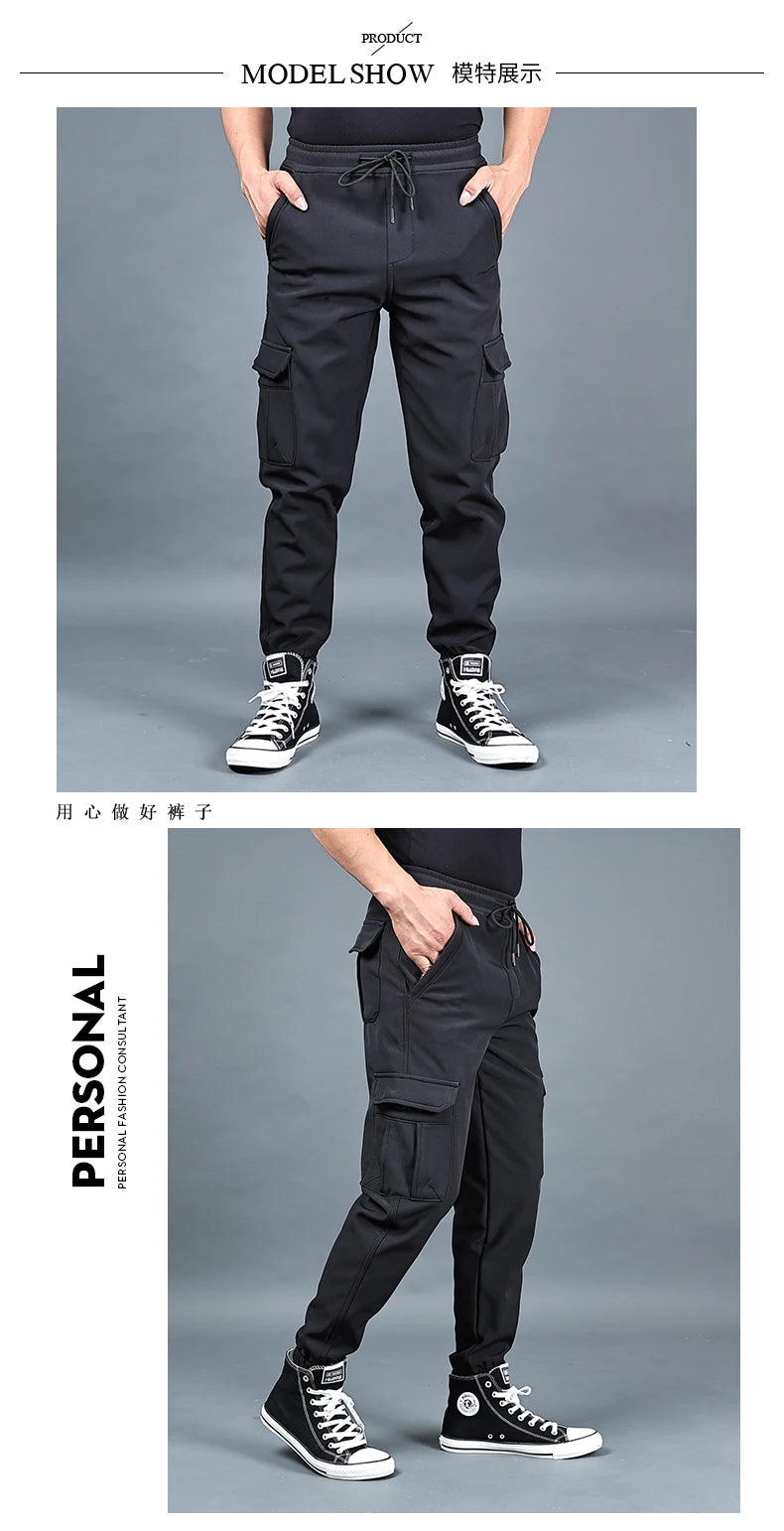 Winter Men Pants Thick Fleece Joggers Multi Pocket Loose Sport Trousers Male Casual Warm Sweatpants Cargo Pants M-6XL