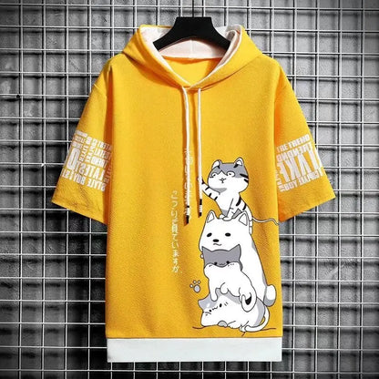 Sudadera con capucha de moda japonesa para hombre, ropa de verano para hombre, ropa de calle informal de dibujos animados Harajuku, sudadera con capucha estampada, sudaderas de manga corta para hombre