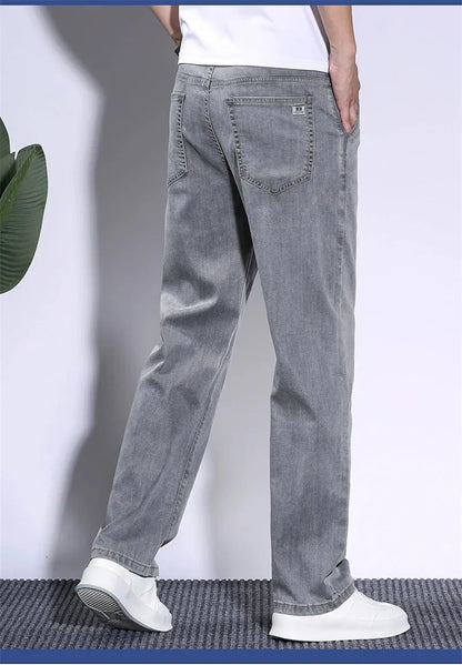 Summer Soft Lyocell Fabric Men's Jeans Thin Loose Straight Pants Drawstring Elastic Waist Korea Casual Trousers Plus Size 28-42