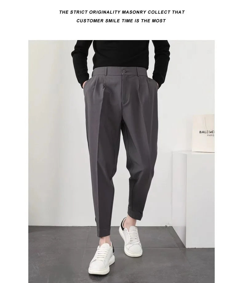 Fashion Men Pants Elastic Waist Small Feet Slim Korean Formal Pleated Tapered Male Blazer Suit Classic Pants Streetwear Trousers