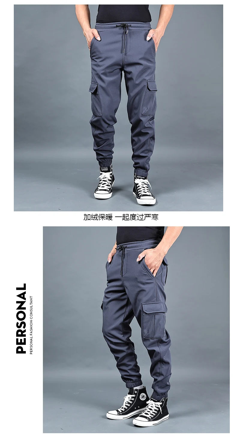 Winter Men Pants Thick Fleece Joggers Multi Pocket Loose Sport Trousers Male Casual Warm Sweatpants Cargo Pants M-6XL