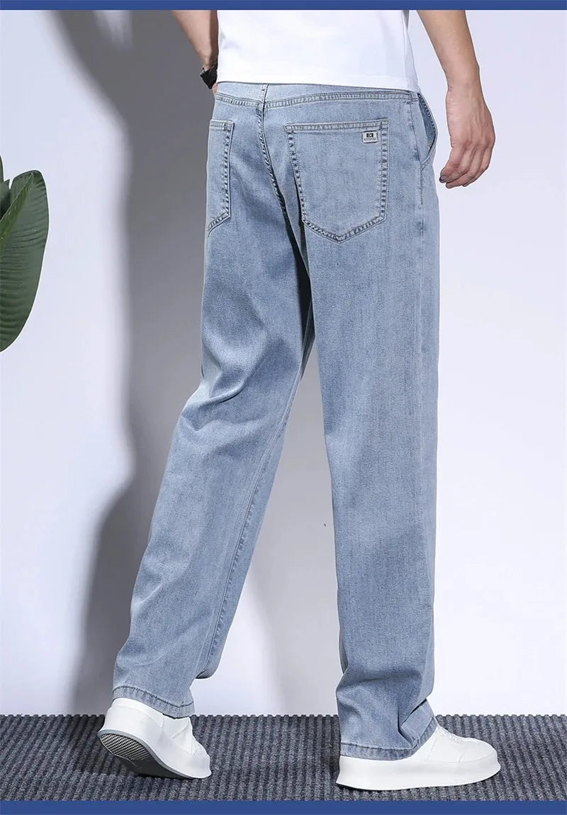 Summer Soft Lyocell Fabric Men's Jeans Thin Loose Straight Pants Drawstring Elastic Waist Korea Casual Trousers Plus Size 28-42