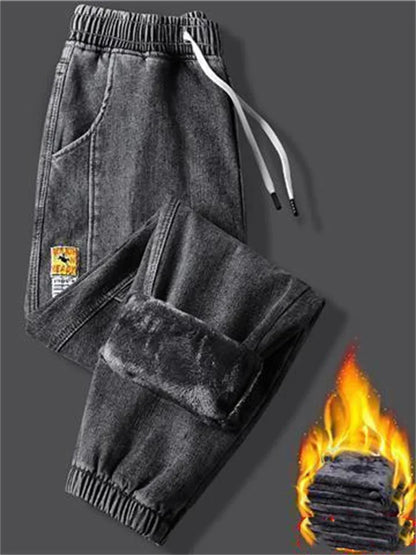 New Men's jeans Winter Fleece Jeans Thick Warm Denim Pants Men Streetwear Black Joggers Harem Jean Thermal Trousers pants men