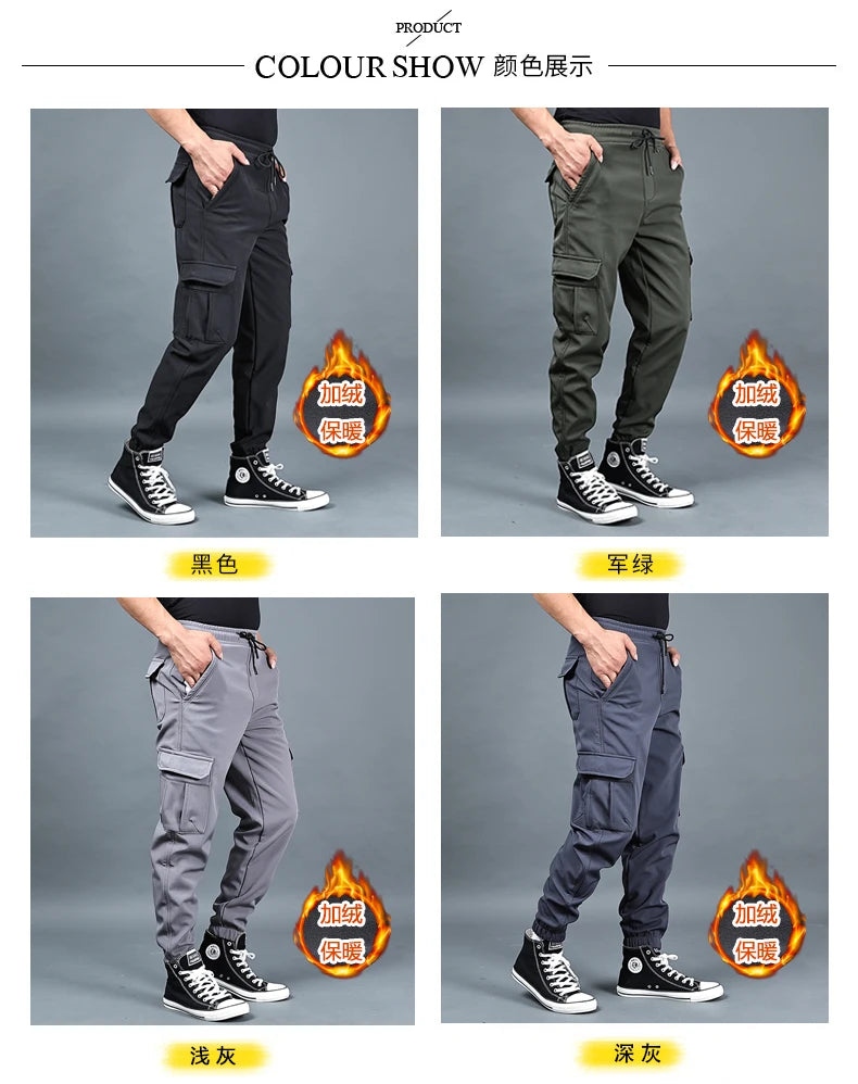 Pantalones de invierno para hombre, de forro polar grueso, para correr, con múltiples bolsillos, holgados, informales, cálidos, cargo, tallas M a 6XL