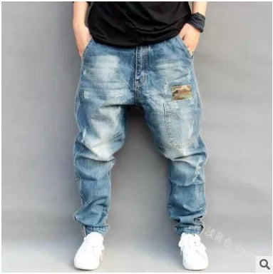 American Street Style Denim Harem Pants for Men, Retro and Trendy, All-match, Casual, Loose, Large Size, Tapered Hip-hop Pants.