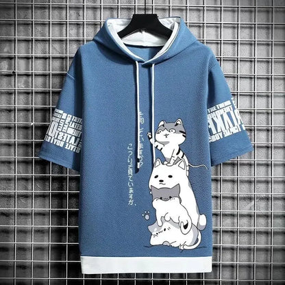 Sudadera con capucha de moda japonesa para hombre, ropa de verano para hombre, ropa de calle informal de dibujos animados Harajuku, sudadera con capucha estampada, sudaderas de manga corta para hombre