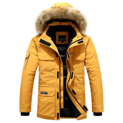 Chaqueta de invierno con plumón de pato blanco y cuello de piel abrigada para hombre, parka de 30 grados con capucha resistente al viento y múltiples bolsillos