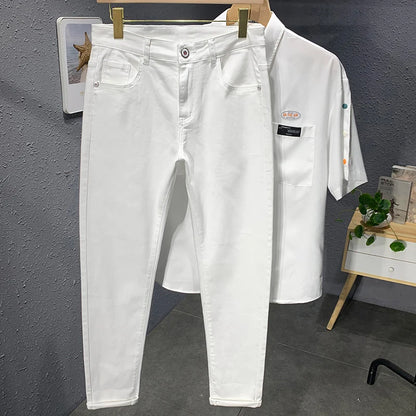 2023 Autumn New Men's White Black Jeans Straight Slim fit Casual Fashion Elastic Cotton Trousers Male Streetwear Denim Pants