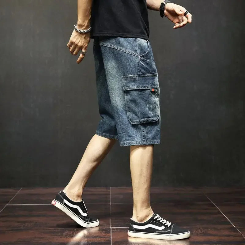 Male Denim Shorts with Pockets Men's Short Jeans Pants Knee Length Long Half Ripped Streetwear Blue Harajuku Jorts Trend 2024 Xl