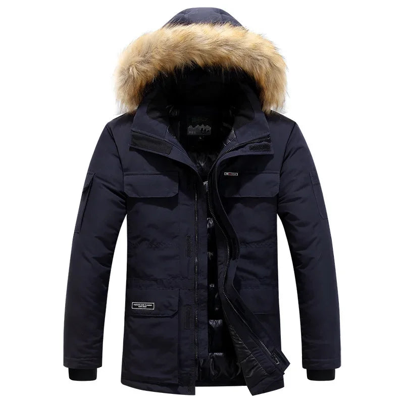 Chaqueta de invierno con plumón de pato blanco y cuello de piel abrigada para hombre, parka de 30 grados con capucha resistente al viento y múltiples bolsillos