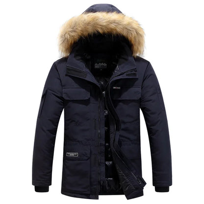 Male Keep Warm Fur Collar White Duck Down Winter Jacket -30 Degree Parkas Men Windproof Hooded Thicken Multi-pocket Down Coat