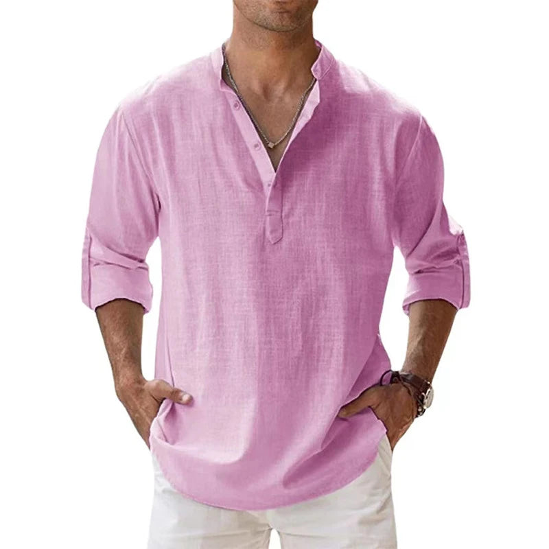 Nuevas camisas de lino y algodón para hombres, camisas casuales, camisas de playa Henley de manga larga livianas, camisetas hawaianas para hombres