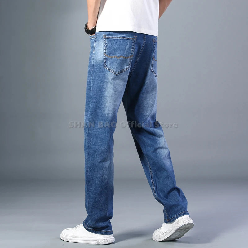 SHAN BAO cotton stretch men's straight loose loose summer thin jeans 2022 spring classic brand casual lightweight jeans blue