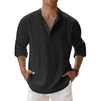 Nuevas camisas de lino y algodón para hombres, camisas casuales, camisas de playa Henley de manga larga livianas, camisetas hawaianas para hombres