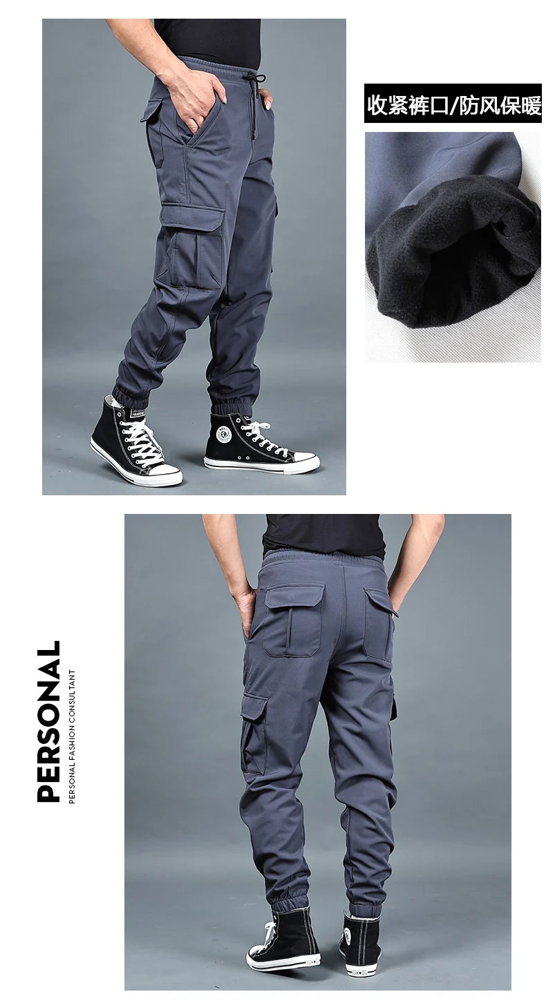 Winter Men Pants Thick Fleece Joggers Multi Pocket Loose Sport Trousers Male Casual Warm Sweatpants Cargo Pants M-6XL