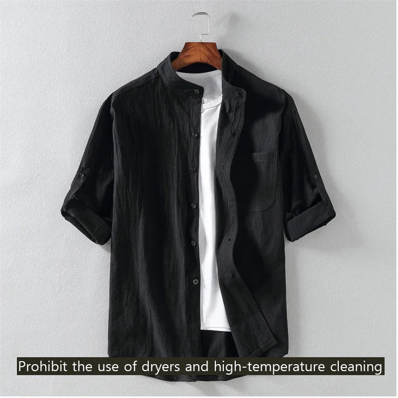 Camisa de manga corta de moda para hombre con cuello alto de cinco puntos y manga media de primavera y verano, manga de siete puntos, talla grande para hombre