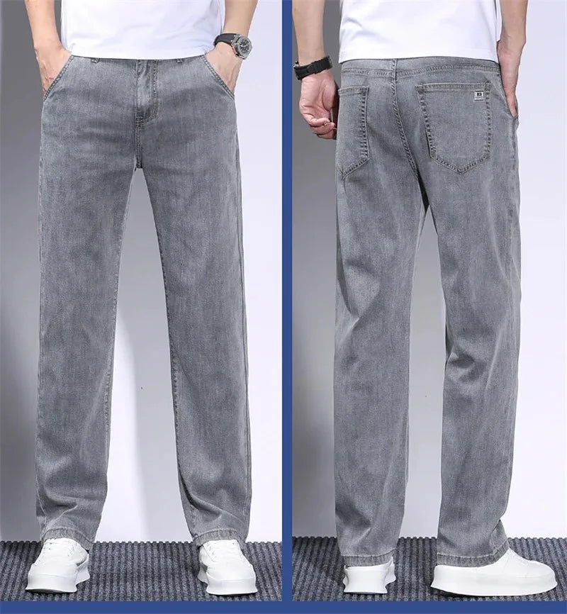 Pantalones vaqueros de verano para hombre, de tejido lyocell suave, finos, sueltos, rectos, con cordón y cintura elástica, informales, de Corea, talla grande 28-42