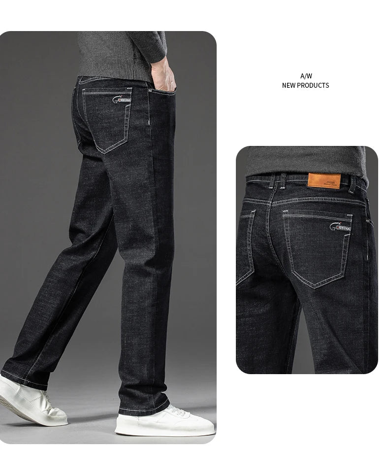 2024 Spring New Men's Straight Black Jeans Large Size 40 42 44 46 Classic Style Business Stretch Denim Pants Casual Trousers