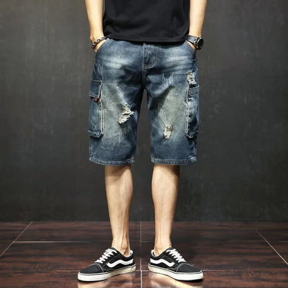 Male Denim Shorts with Pockets Men's Short Jeans Pants Knee Length Long Half Ripped Streetwear Blue Harajuku Jorts Trend 2024 Xl