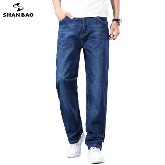 SHAN BAO pantalones vaqueros rectos sueltos de algodón elástico para hombre, pantalones vaqueros delgados de verano 2022, pantalones vaqueros casuales ligeros de marca clásica de primavera azul