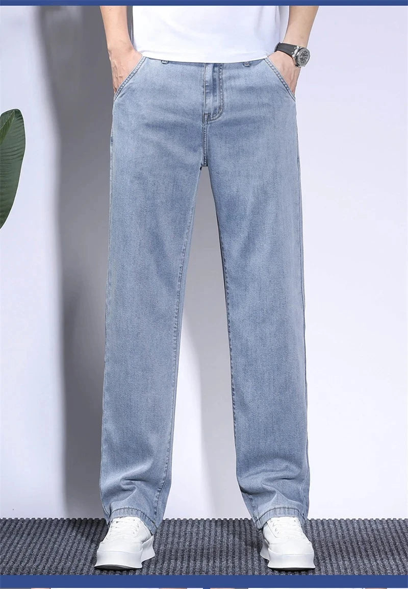 Summer Soft Lyocell Fabric Men's Jeans Thin Loose Straight Pants Drawstring Elastic Waist Korea Casual Trousers Plus Size 28-42