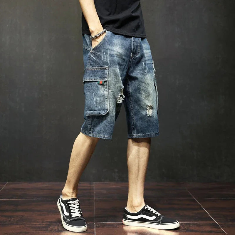 Male Denim Shorts with Pockets Men's Short Jeans Pants Knee Length Long Half Ripped Streetwear Blue Harajuku Jorts Trend 2024 Xl