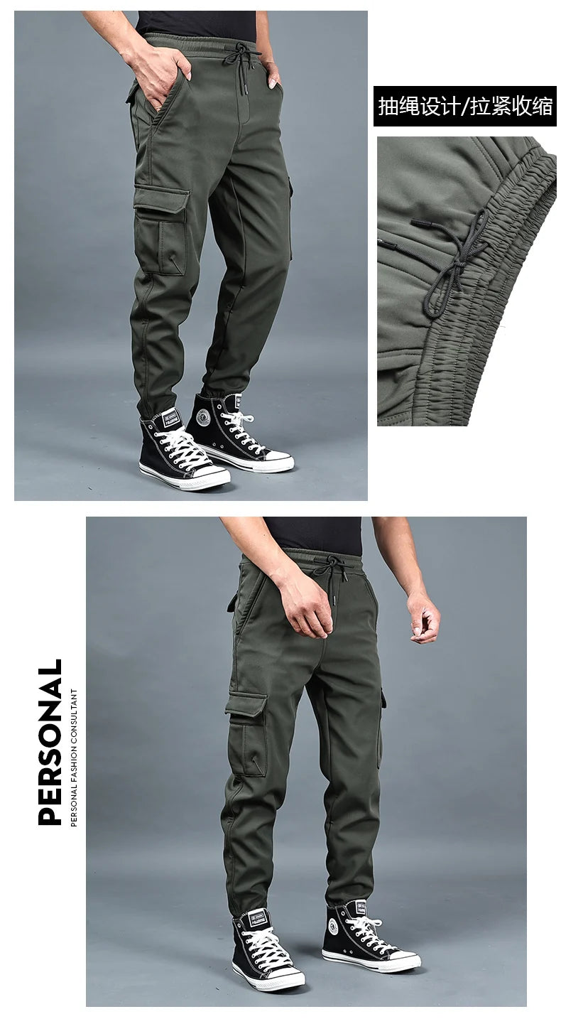 Winter Men Pants Thick Fleece Joggers Multi Pocket Loose Sport Trousers Male Casual Warm Sweatpants Cargo Pants M-6XL